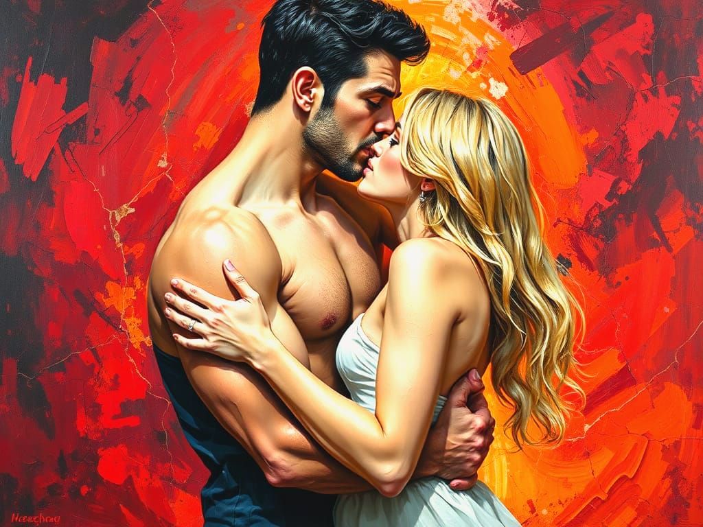 Impasto Painting of Couple's Passionate Embrace