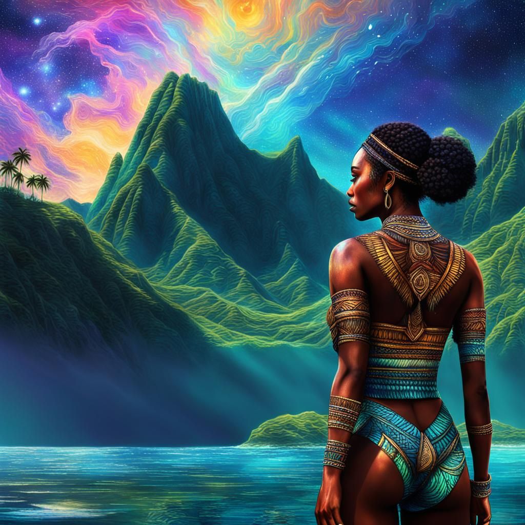 Papua New Guinea Girl: Cosmic Mixed Media Illustration