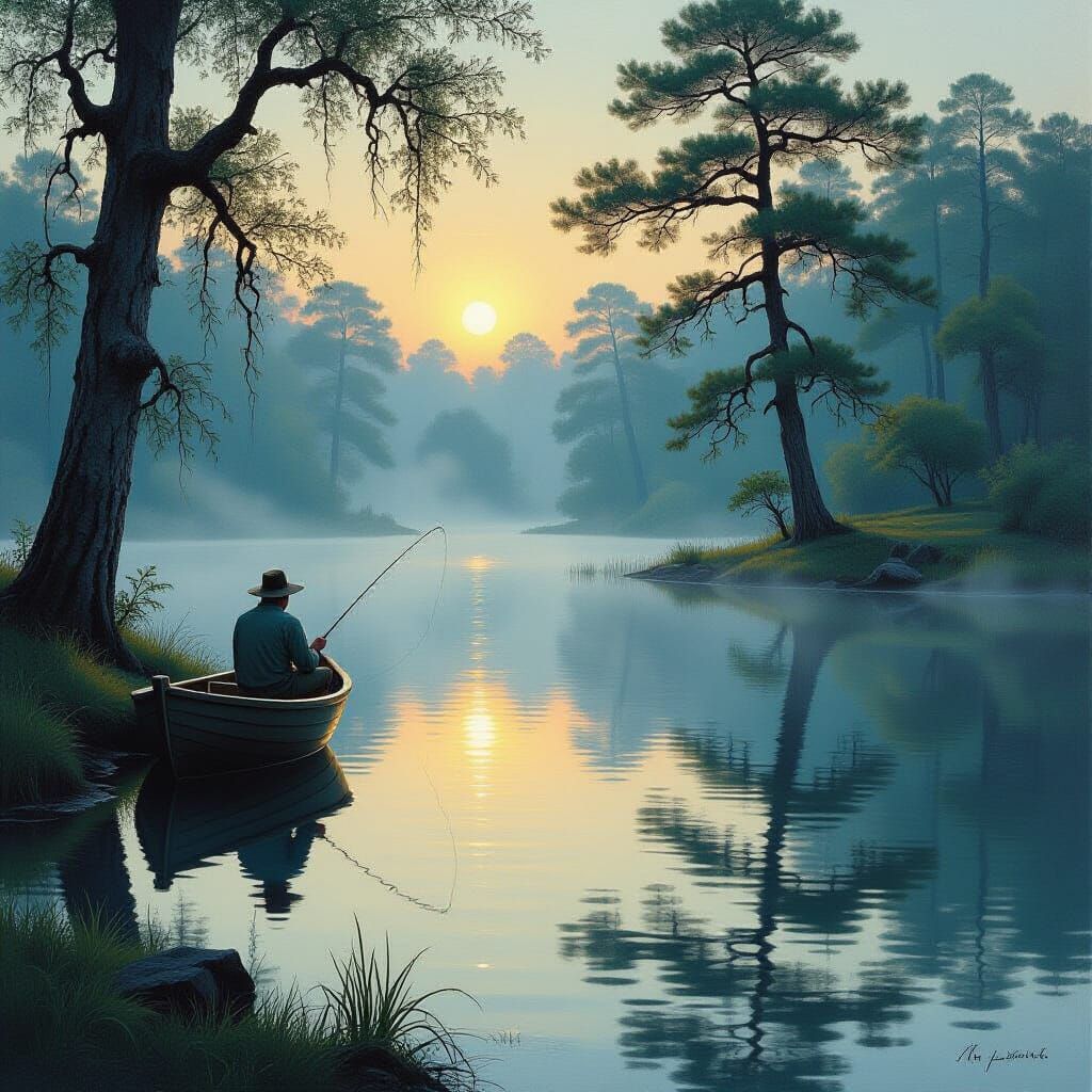 Serene Dawn Lake with Lone Fisherman in Oil Painting Style
