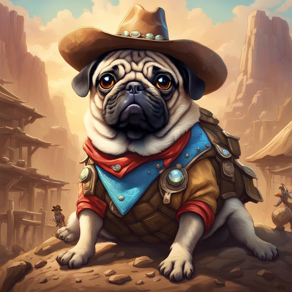 Cowboy Pug Rides Tortoise: Fantasy Portrait