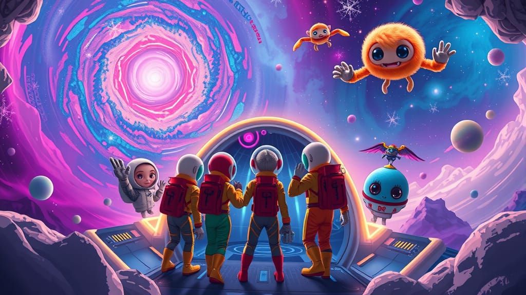 Surreal Space Explorers in a Vibrant Galaxy