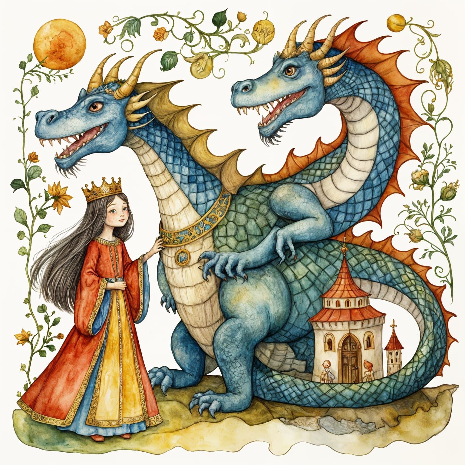 Elegant Princess and Majestic Dragon in Whimsical Watercolor