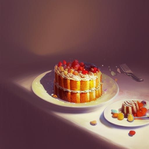 Delicious Cakes and Fruits, Volumetric Lighting, Hyperrealis...