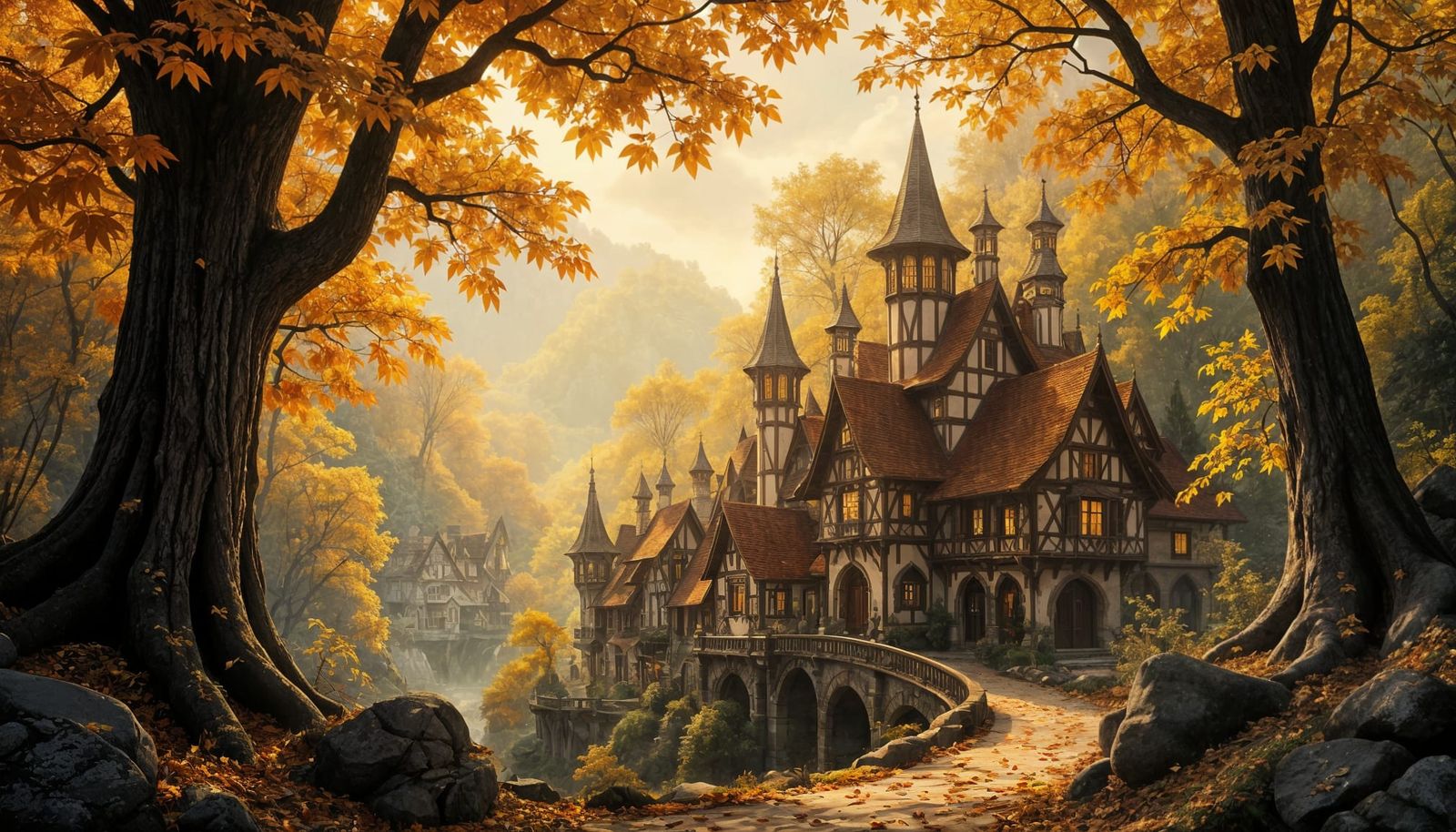 Elven Autumn Forest Settlement Oil Painting
