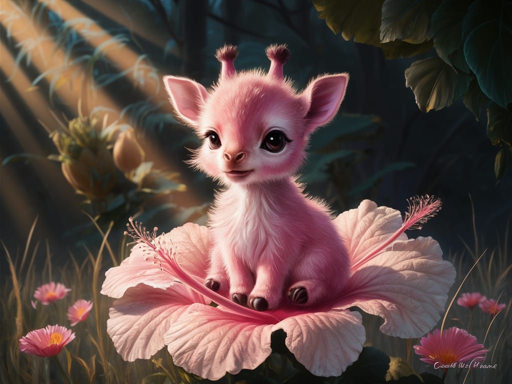 Adorable Pink Giraffe on Hibiscus in Jungle Illustration