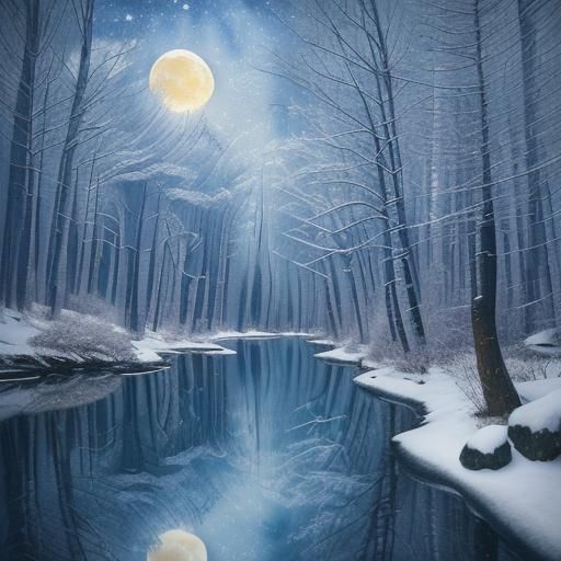 Winter Fairy-Tale Forest with Mirrored River