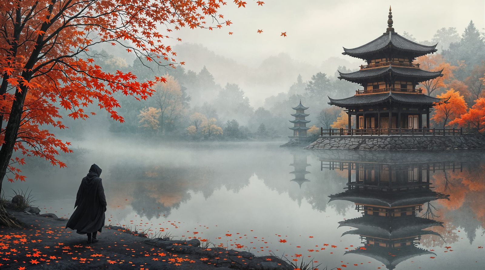 Autumn Pagoda Reflected in Serene Oriental Landscape