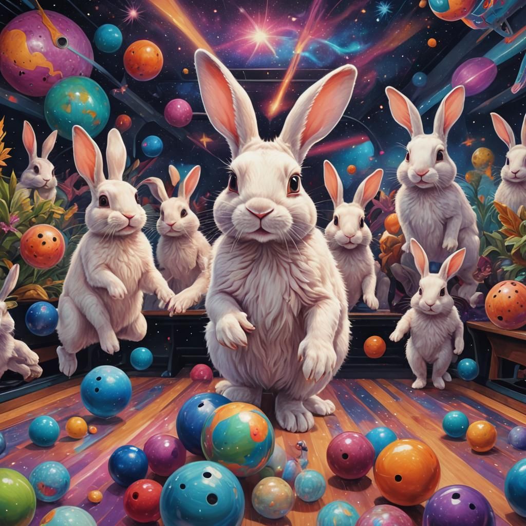 Cosmic Bunnies Bowling: Holographic Astral Illustration
