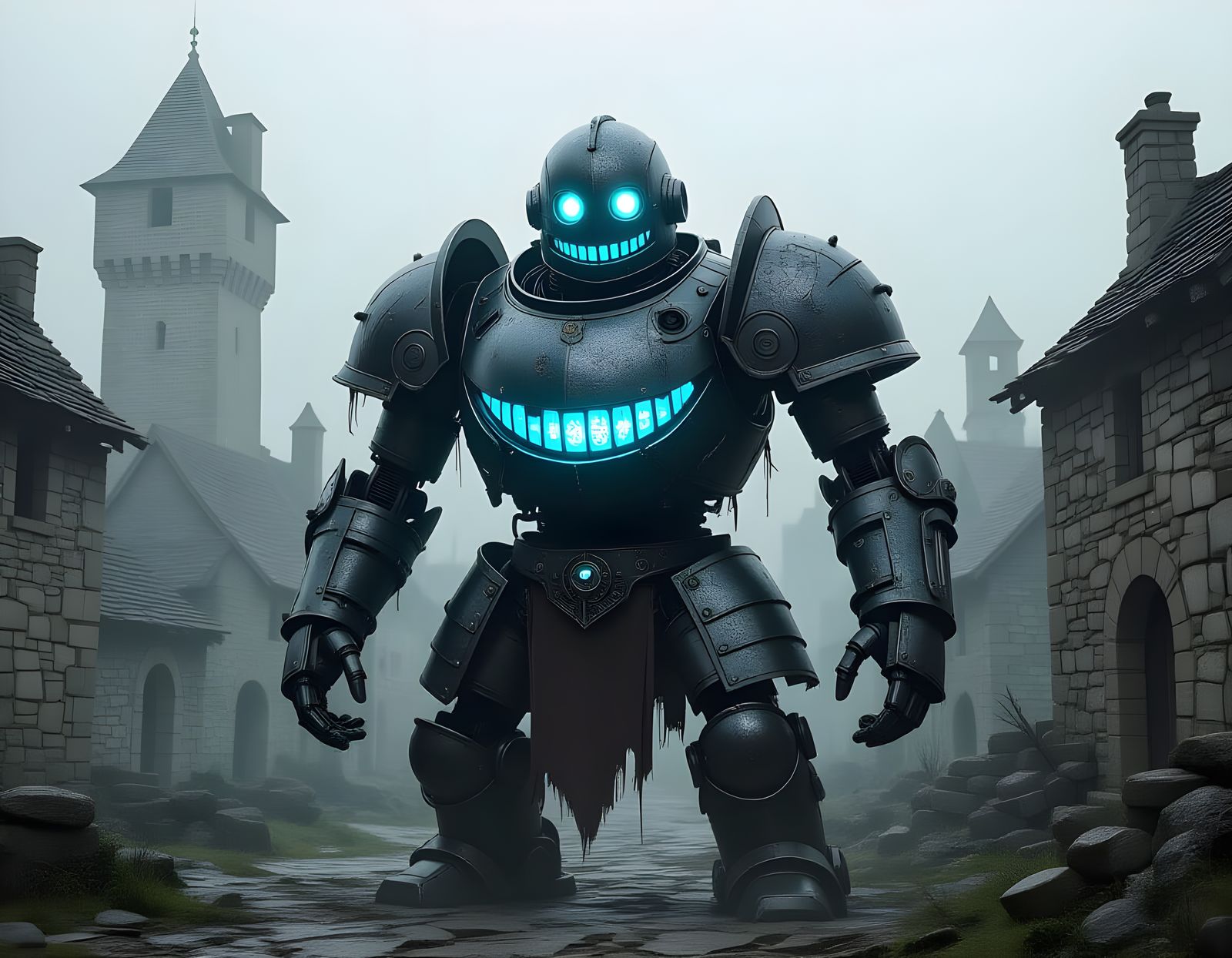 Mechanical Robot with Smiling Mouth in Medieval Village