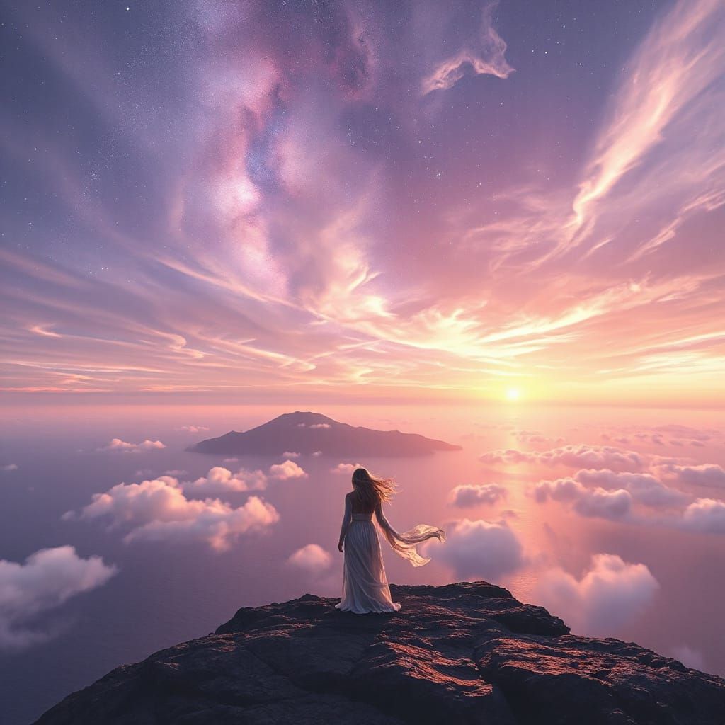 Ethereal Figure Overlooks Dreamlike Ocean Under Nebula Sky