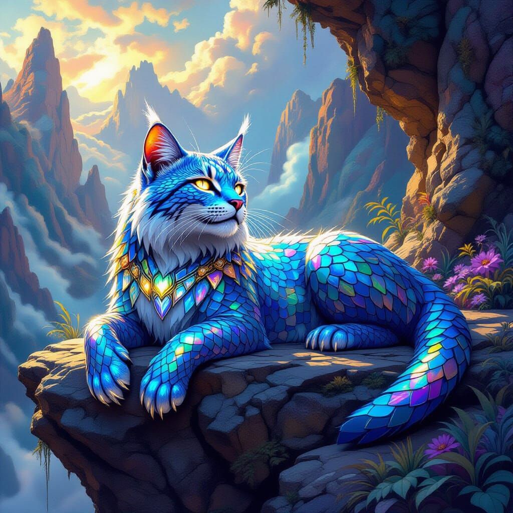 Scaled Saber-Toothed Cat in Psychedelic Alien Landscape