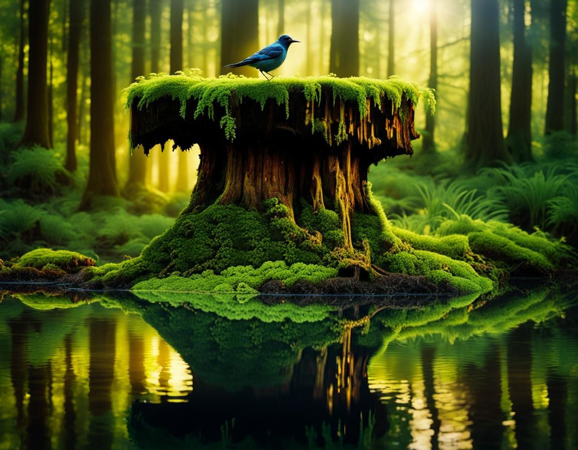 Dreamscape: Old Tree Stump in Forest Pool