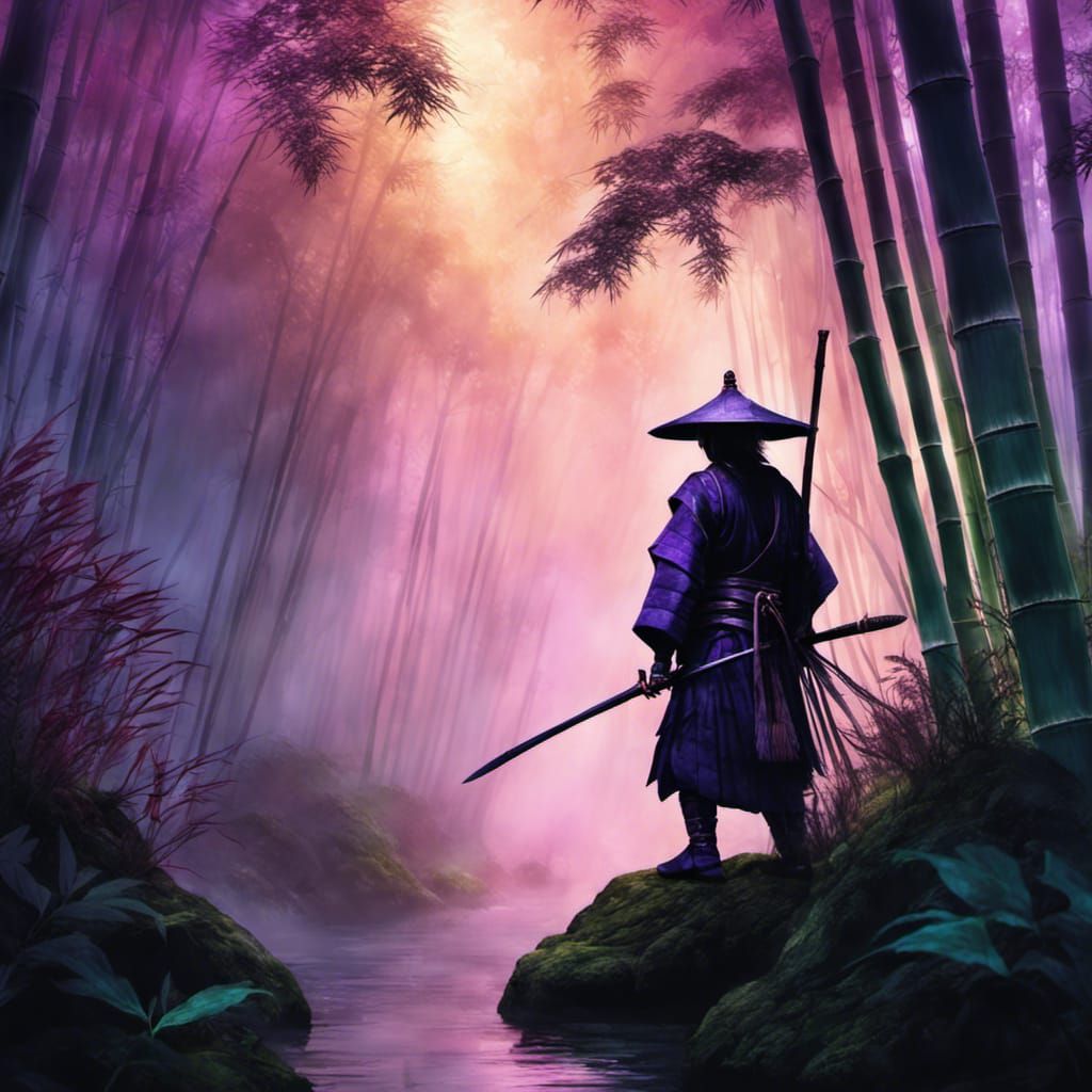 Young Samurai in Digital Watercolor Forest