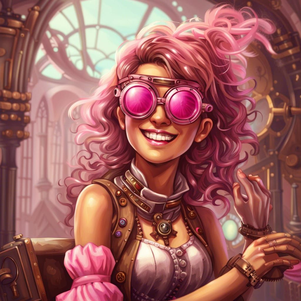 Steampunk Lady with Pink Sunglasses Smiling