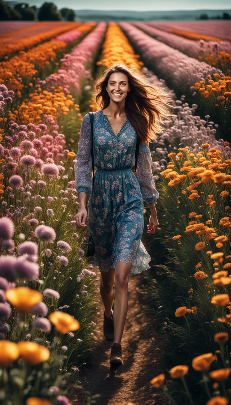 Woman in Flower Field: Hyperrealistic 64 Megapixel Image
