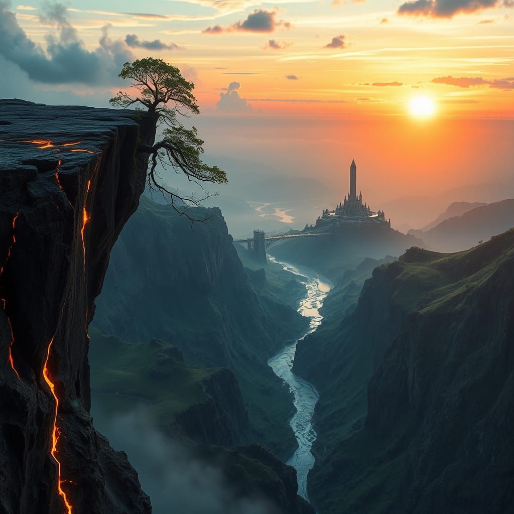 Ethereal Landscape with Precipice, Golden Fissures, and Shim...