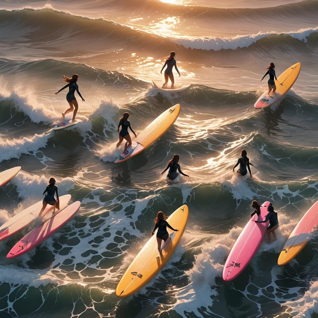 Anime Girls Surfing Waves at Sunset in 3D