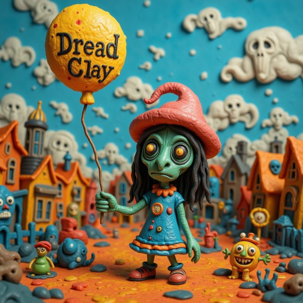 Cute Chibi Girl in Claymation Town with "DreadClay" Balloon