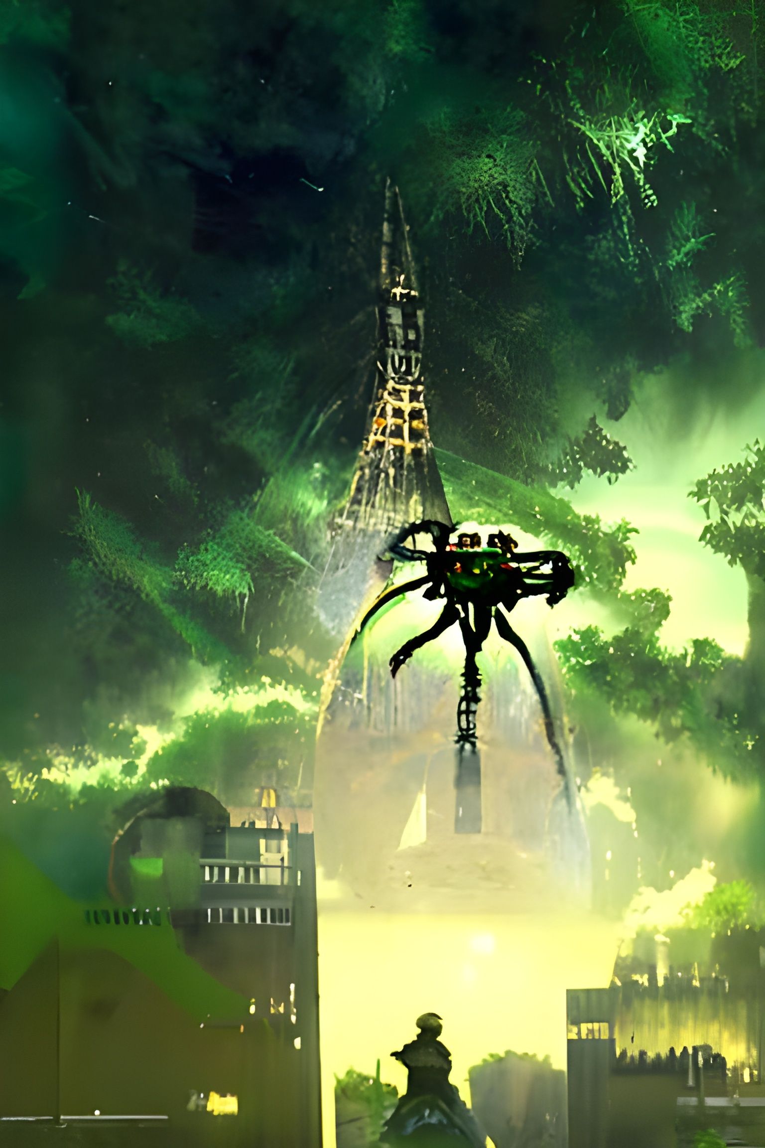 Occupied Paris - A detailed giant alien spider hanging from the Eiffel tower, above a green sky after alien Invasion.