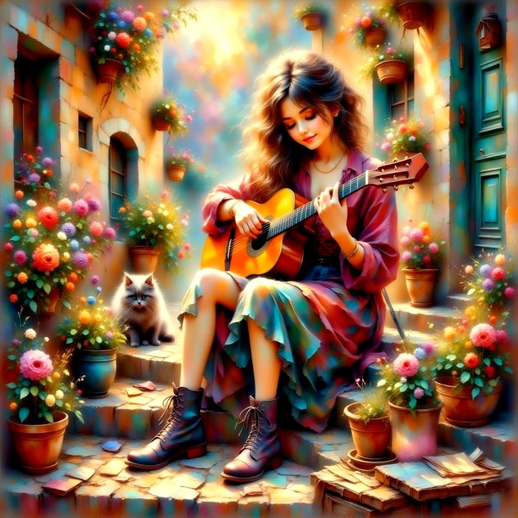 Musician Girl with Cat: Impressionistic Oil Painting