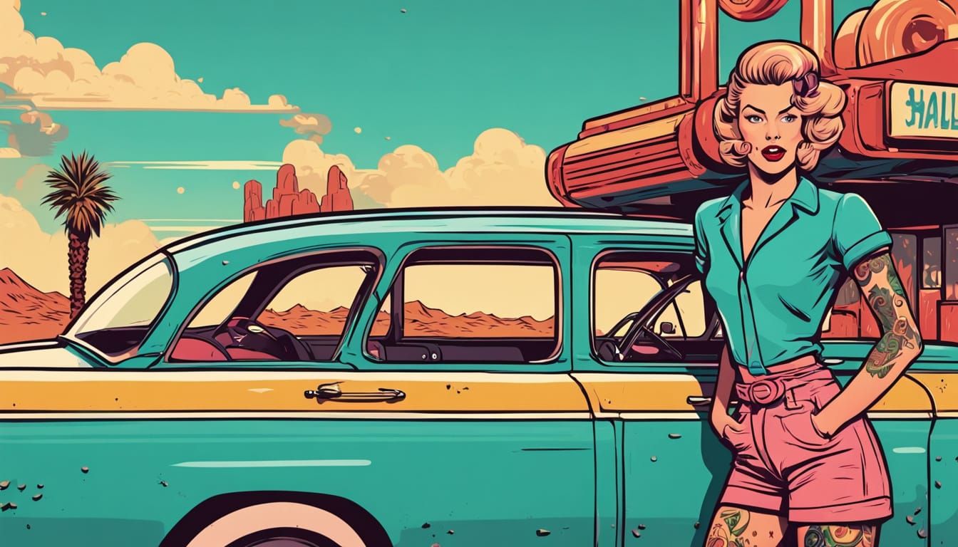 Retro Pin-up Girl with Victory Roll Leans Against Vintage Ra...