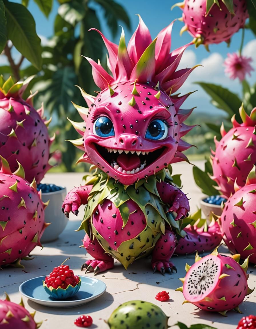 digital artwork of an adorable, hungry dragon fruit