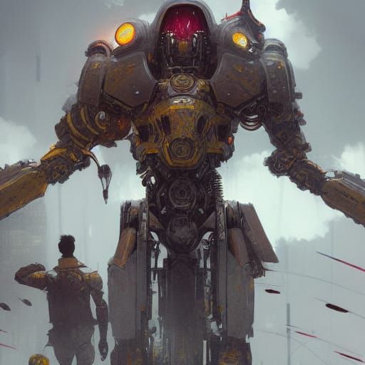 Biomechanical Warrior in Stormy Battlefield, Cyberpunk Style