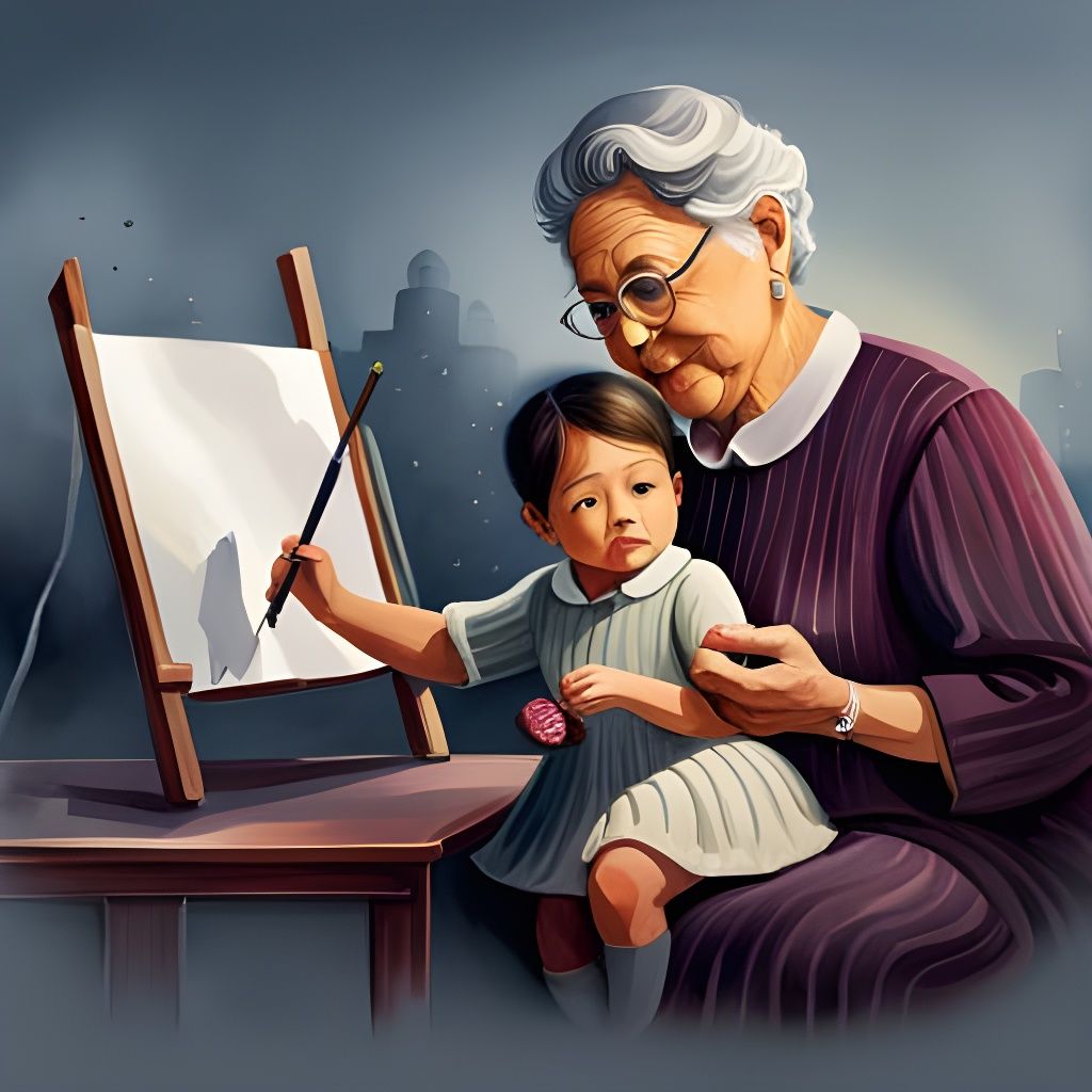 Watercolor Painting of Grandmother and Granddaughter