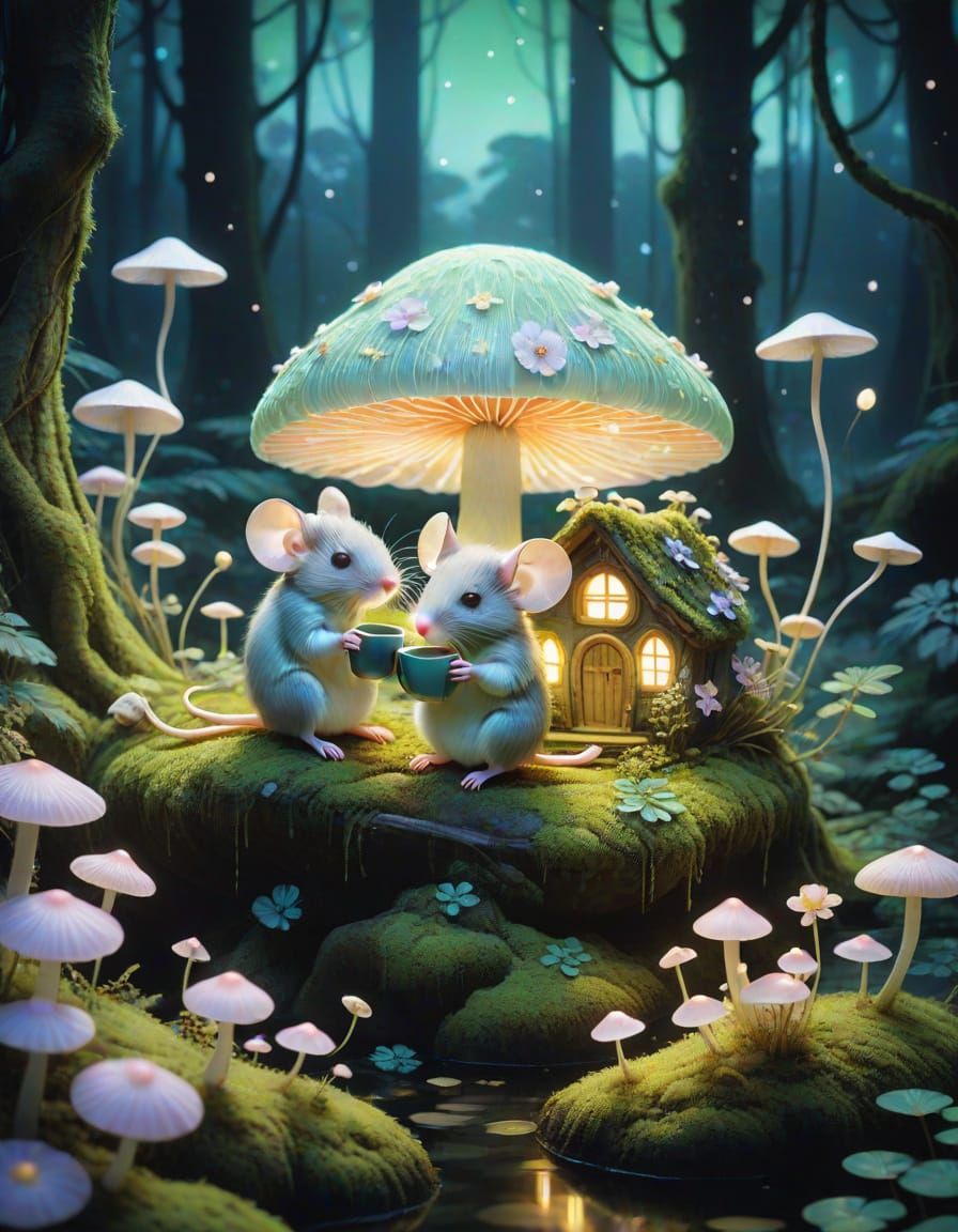 Dreamy Mice Couple Sipping Coffee in an Enchanted Forest