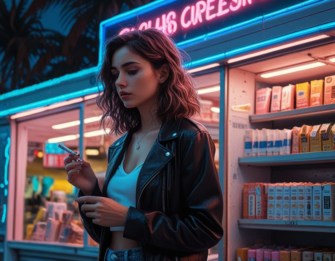 Pixel Art Woman Buys Cigarettes in Neon Convenience Store