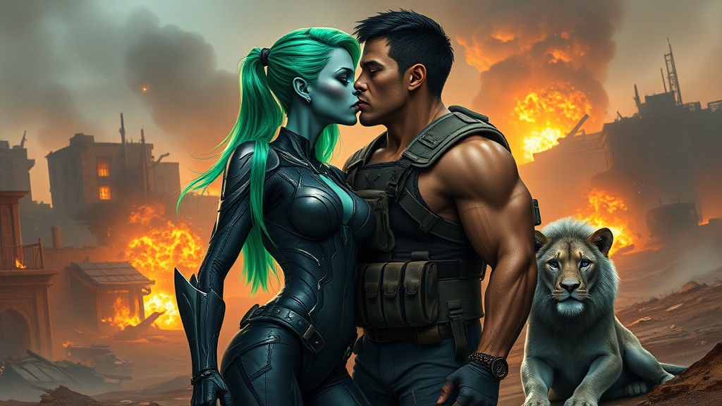 Alien Woman and Human Kiss in Battlefield Chaos