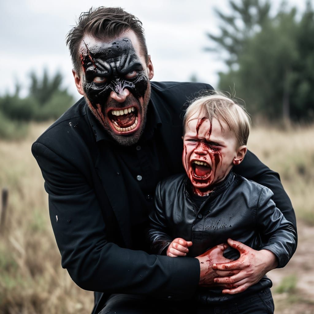 Scary Man With Bloody Teeth Holds Crying Child