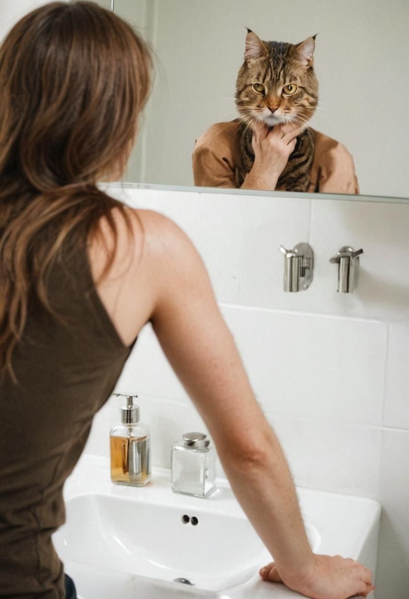 Tired Cat Stares at Reflection in Mirror