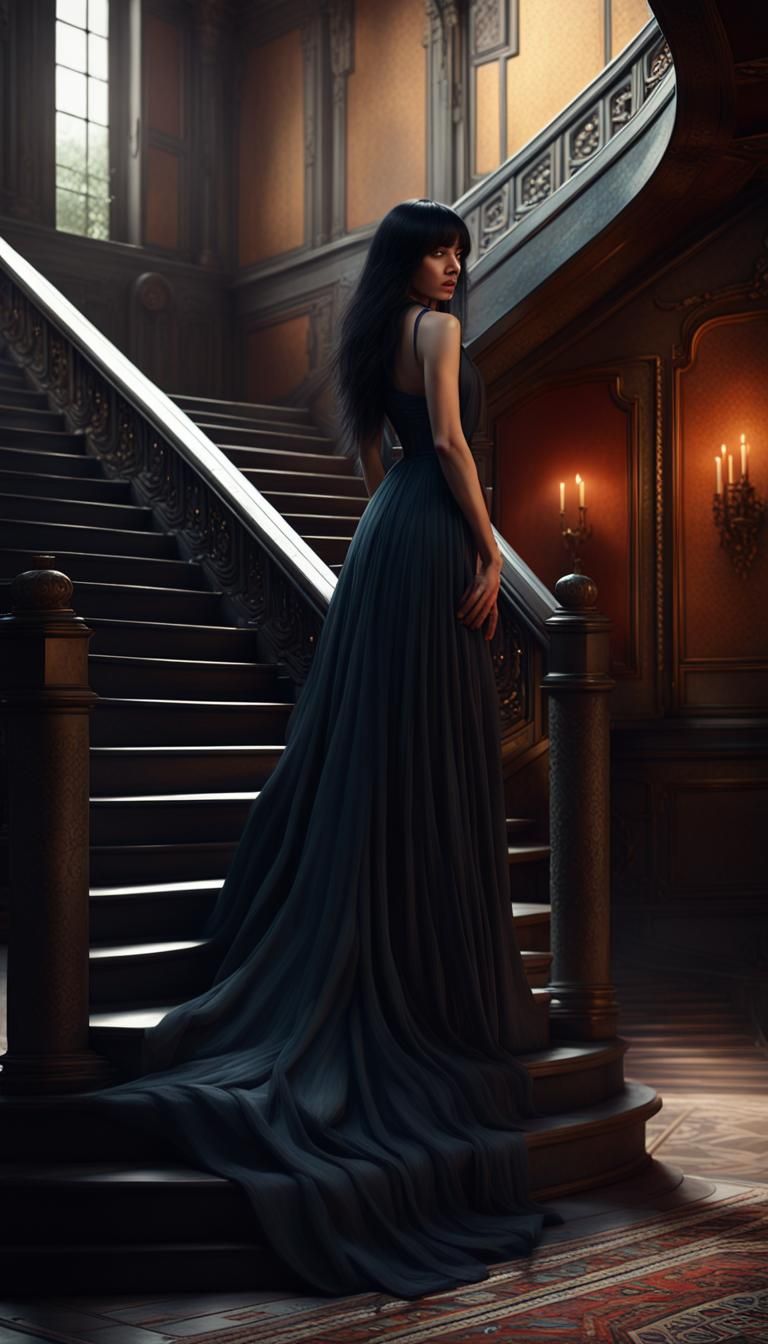 Elegant Woman in Black Castle: Matte Painting