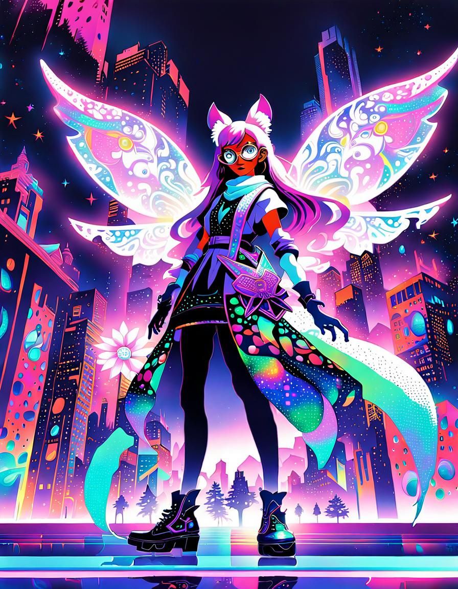 Neon Fantasy: Magical Girl and Chibi Animal in Pointillism