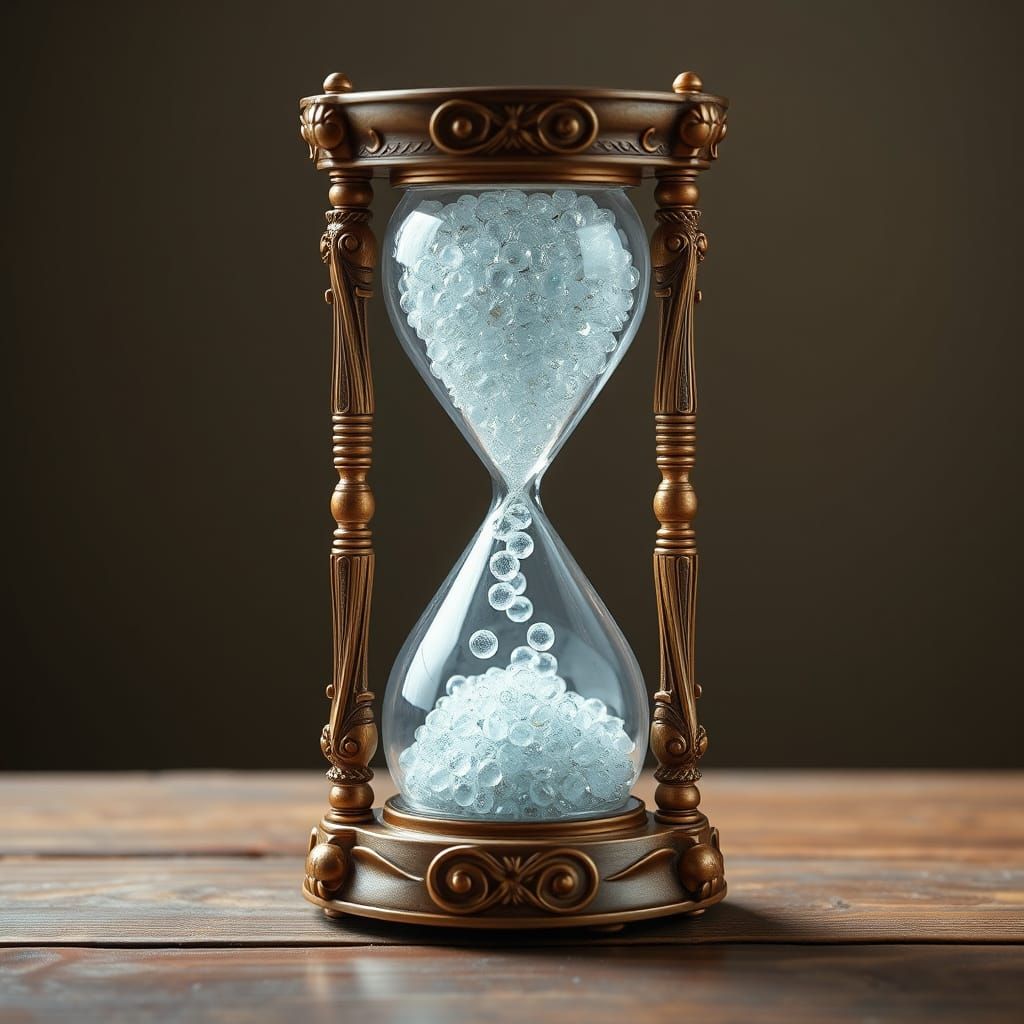 Elegant Clear Glass Hourglass with Falling Beads in Photorea...