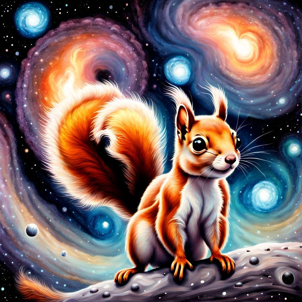 Mischievous Squirrel in Space: A Pre-Raphaelite Painting