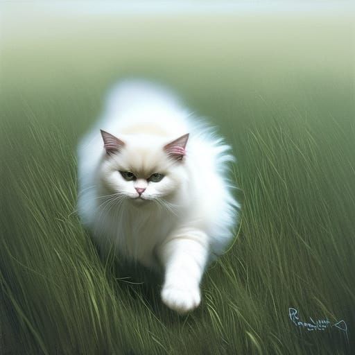 Ragdoll Cat Running Through Tall Grass in Fantasy Art Style