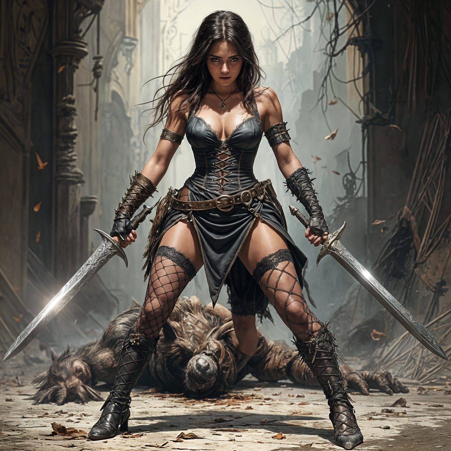 One-Eyed Beauty Defends Wounded Beast with Dagger and Sword