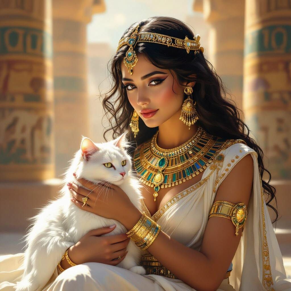 Egyptian Princess with Gold Jewelry and White Cat