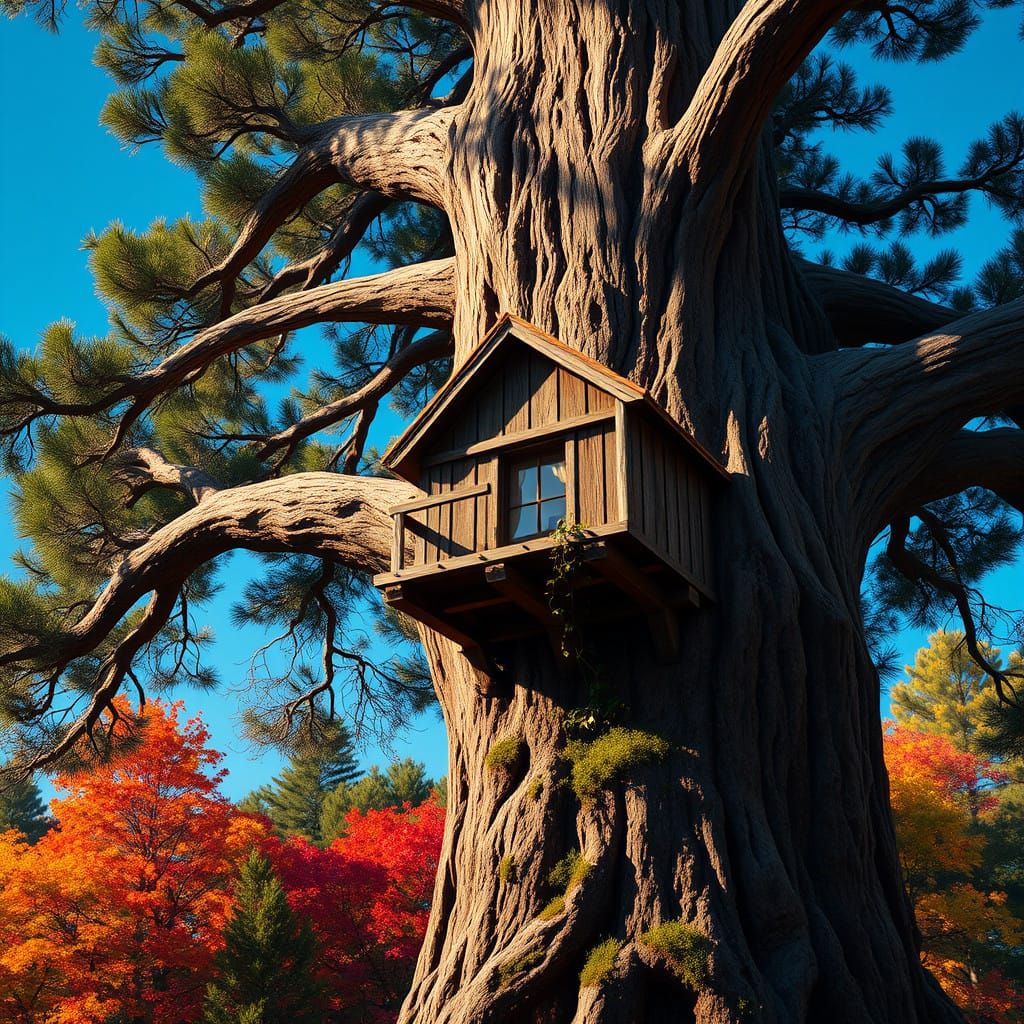 Vibrant Pine Tree Crown with Rustic Tree Hut in Brilliant Li...