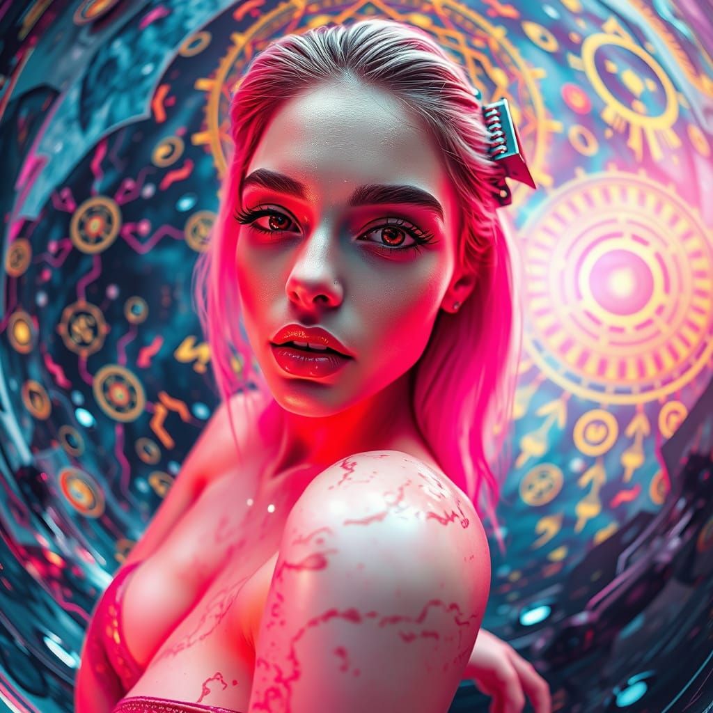 Goddess with Hypnotic Eyes in Psychedelic Cyberpunk Style