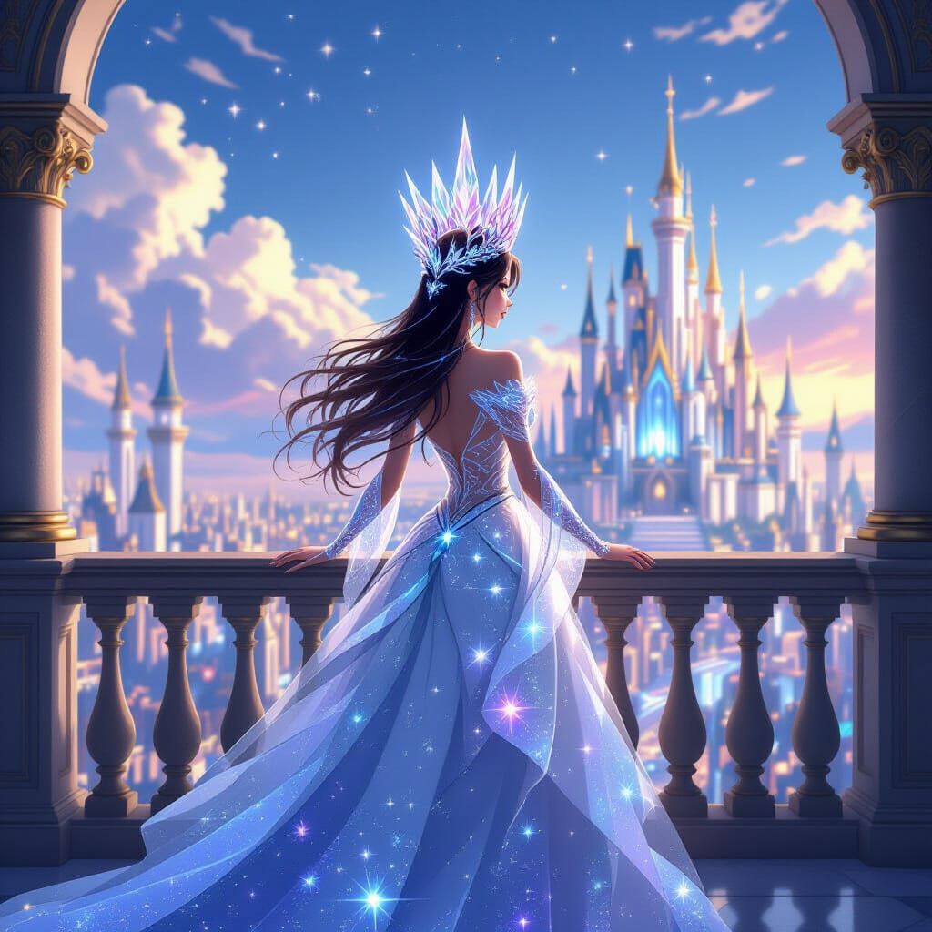 Regal Queen Overlooks Fantasy City in Anime Style