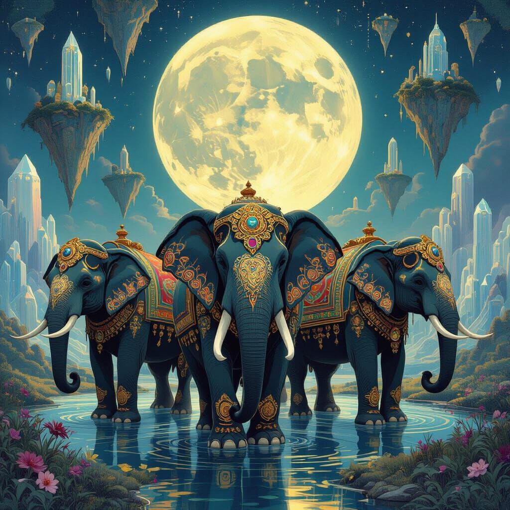 Regal Elephants in Surreal Art Nouveau Landscape