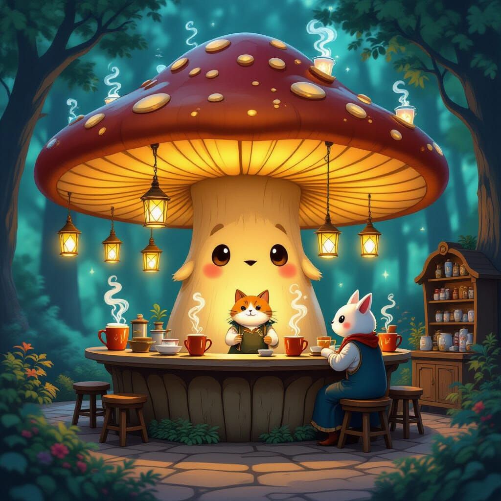 Enchanted Mushroom Cafe With Floating Coffee Mugs