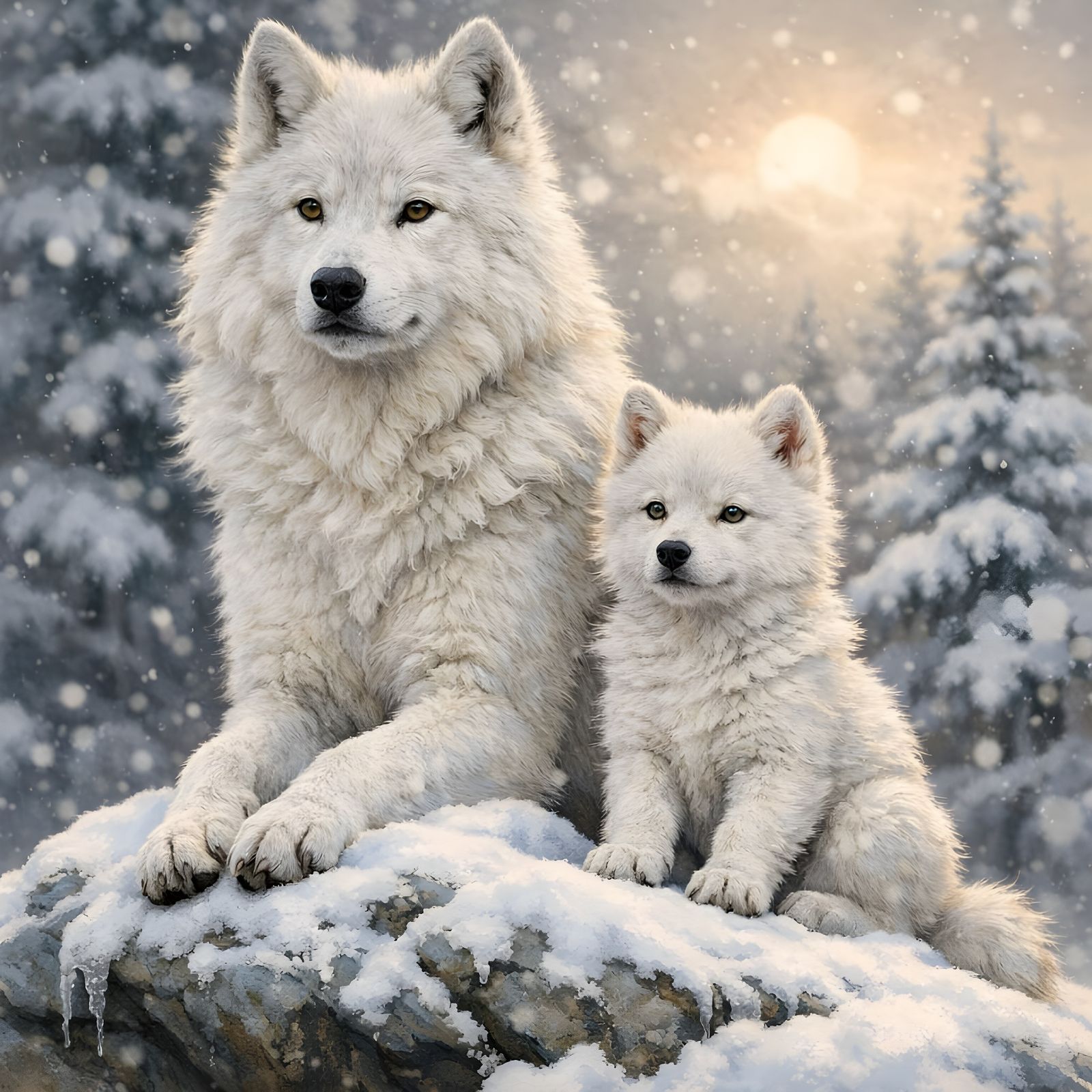 Arctic Wolf Matriarch and Pup on Snowy Rock