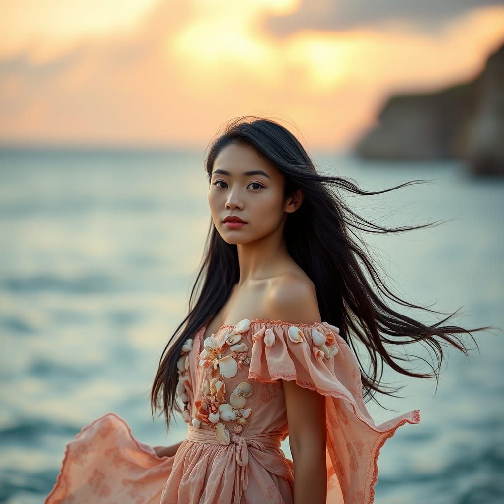 Elegant Woman in Seashell Dress, Meta Zolo Realism