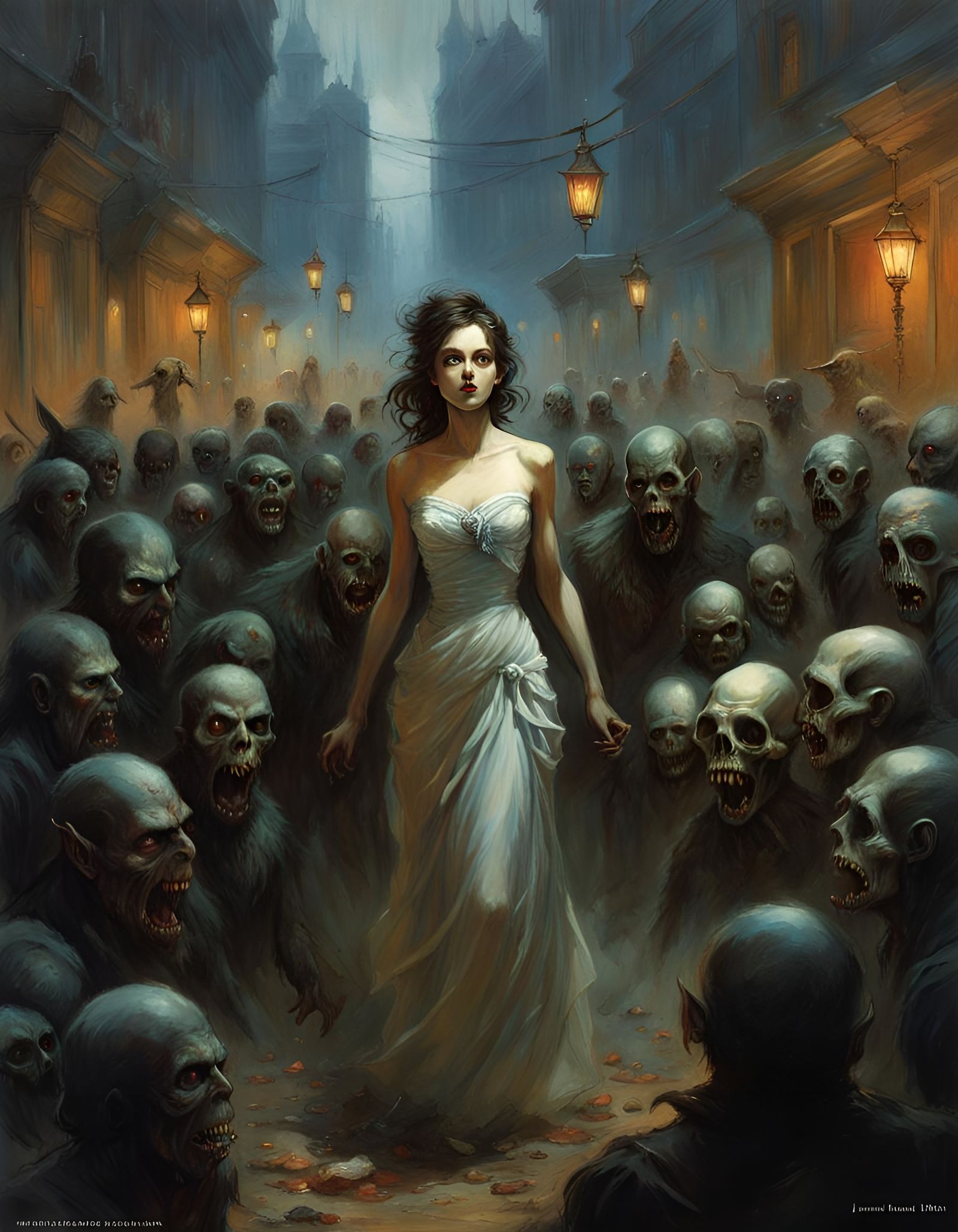 Girl and Zombie Horde in Crayon Caricature