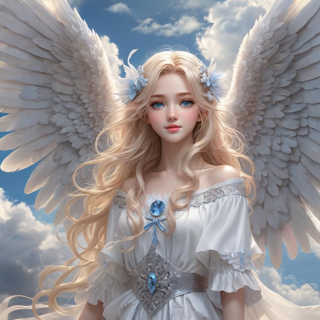 Anime Angel Girl Portrait with White Wings
