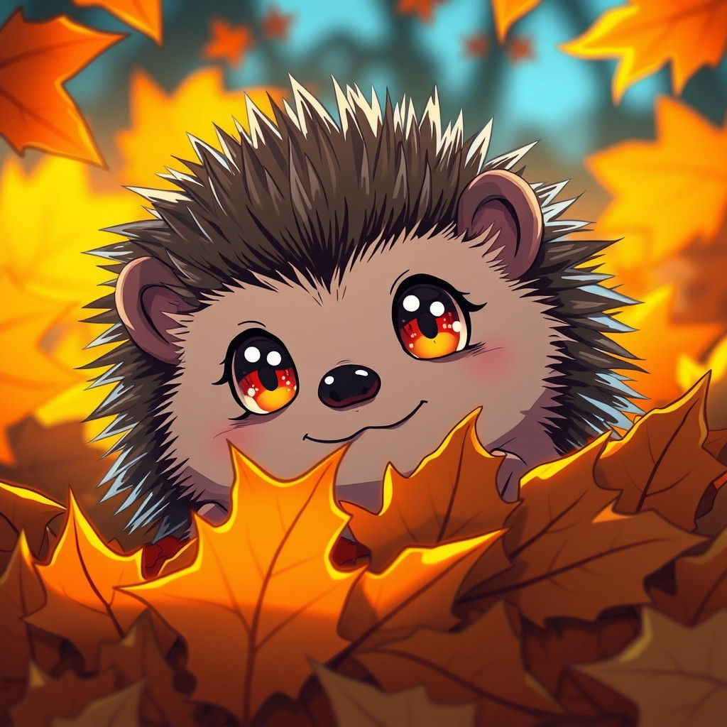 Adorable Hedgehog in Autumn Leaves, Manga Style
